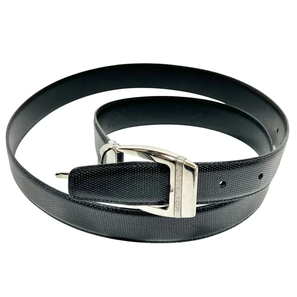 Montblanc Men Textured Black Leather Belt Silver Square Buckle 46